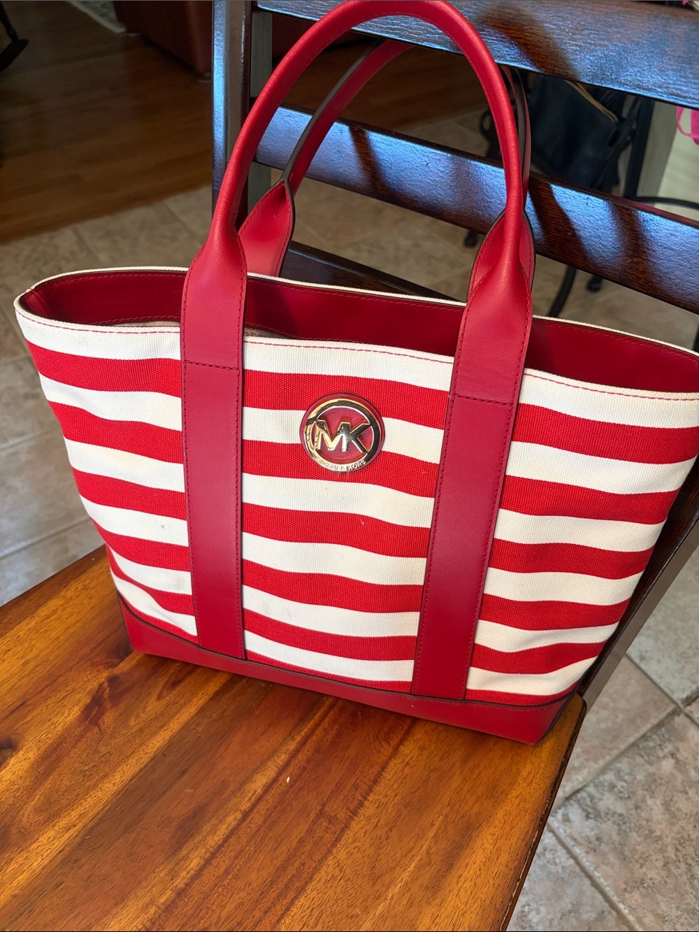 Michael Kors Red & White Striped Canvas Tote